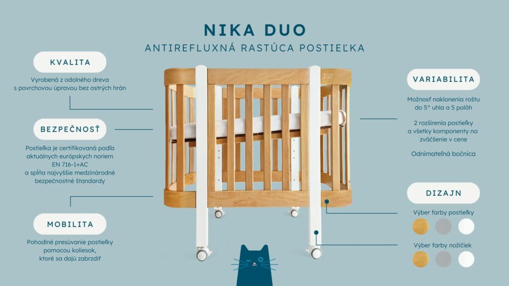 Detská antirefluxná rastúca postieľka Nika Duo - biela s drevenými nožičkami