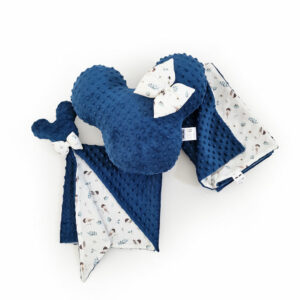 Set vankúša Monie, detskej plyšovej deky a mojkáčika - oceľovo modrá/vtáčiky - VÝPREDAJ