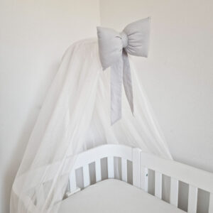 Tylové nebesá s bavlnenou mašľou - biela/svetlosivá - VÝPREDAJ